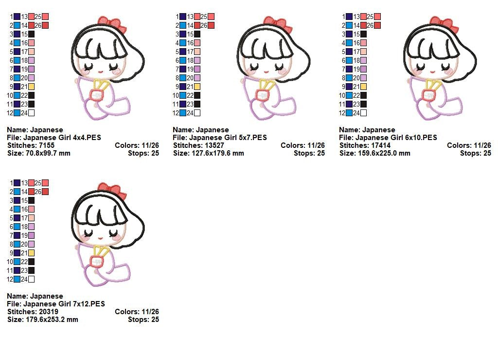 Sweet Japanese Kimono Girl - Appliqué - Machine Embroidery Design
