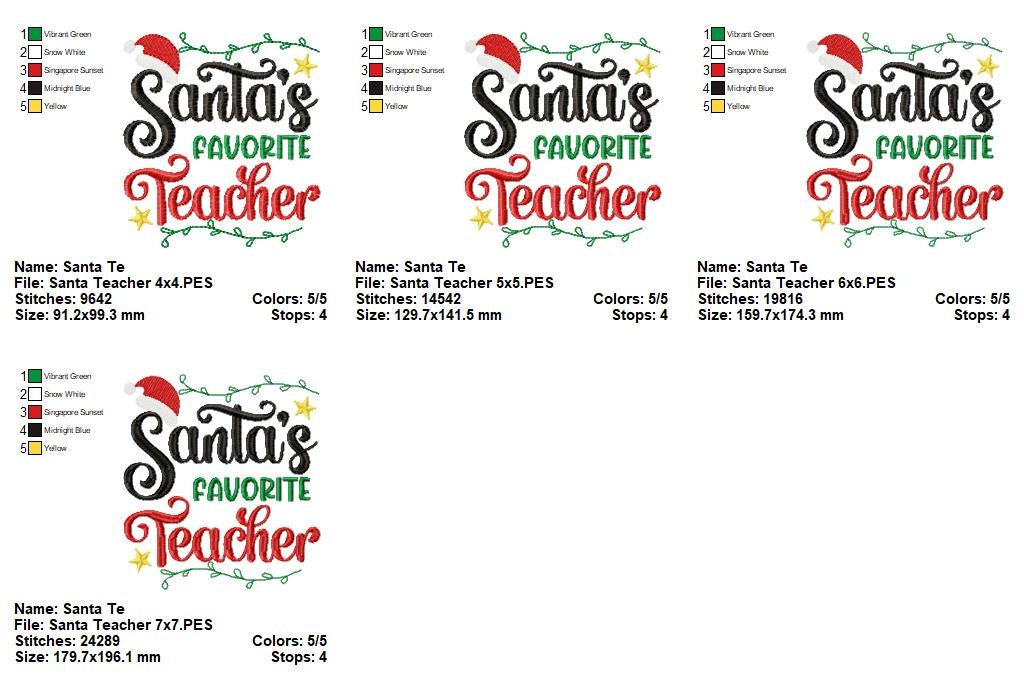 Santa's Favorite Teacher - Fill Stitch - Machine Embroidery Design