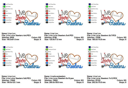 Live Love Steelers Steelers Football Heart – Appliqué – Machine Embroidery Design
