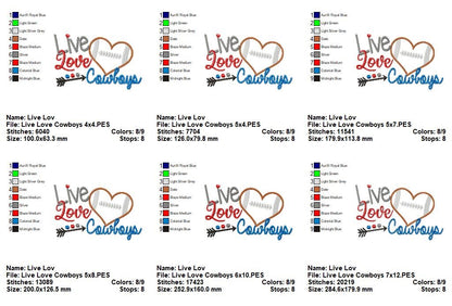 Live Love Cowboys Appliqué – Football Heart – Machine Embroidery Design