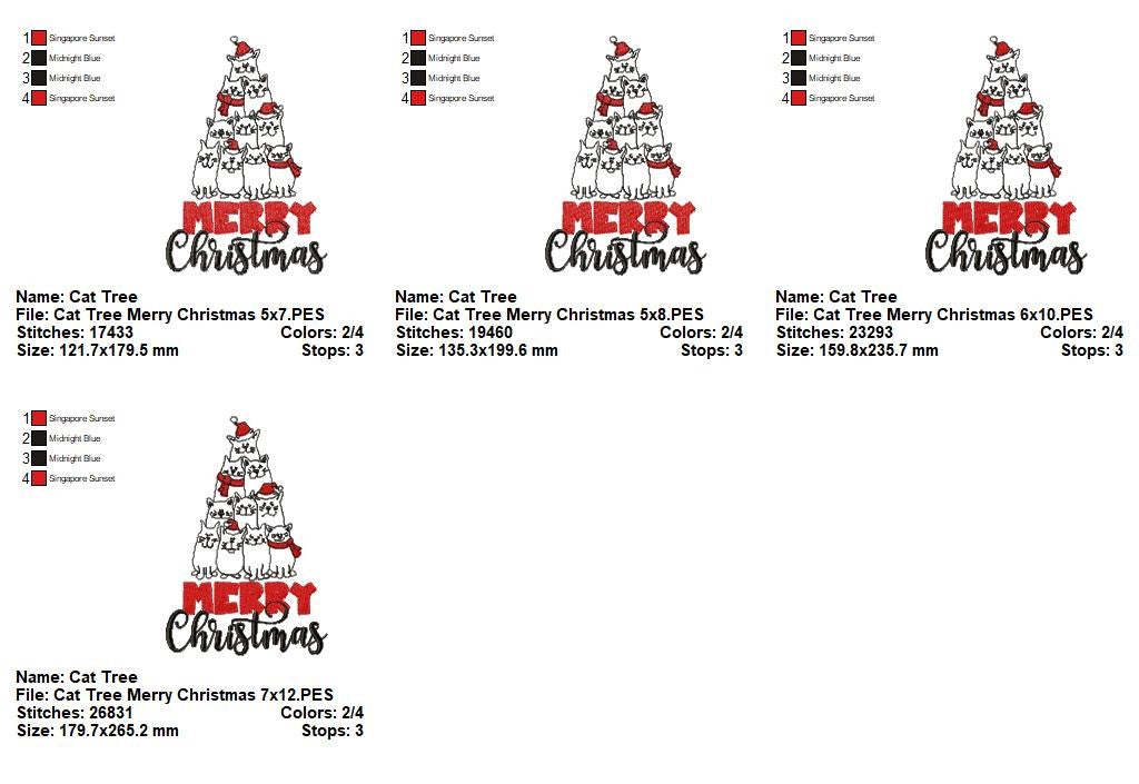 Merry Christmas Kitty Tree - Redwork Stitch - Machine Embroidery Design