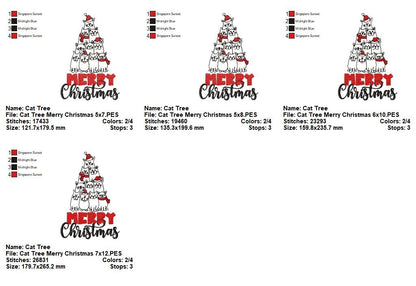Merry Christmas Kitty Tree - Redwork Stitch - Machine Embroidery Design