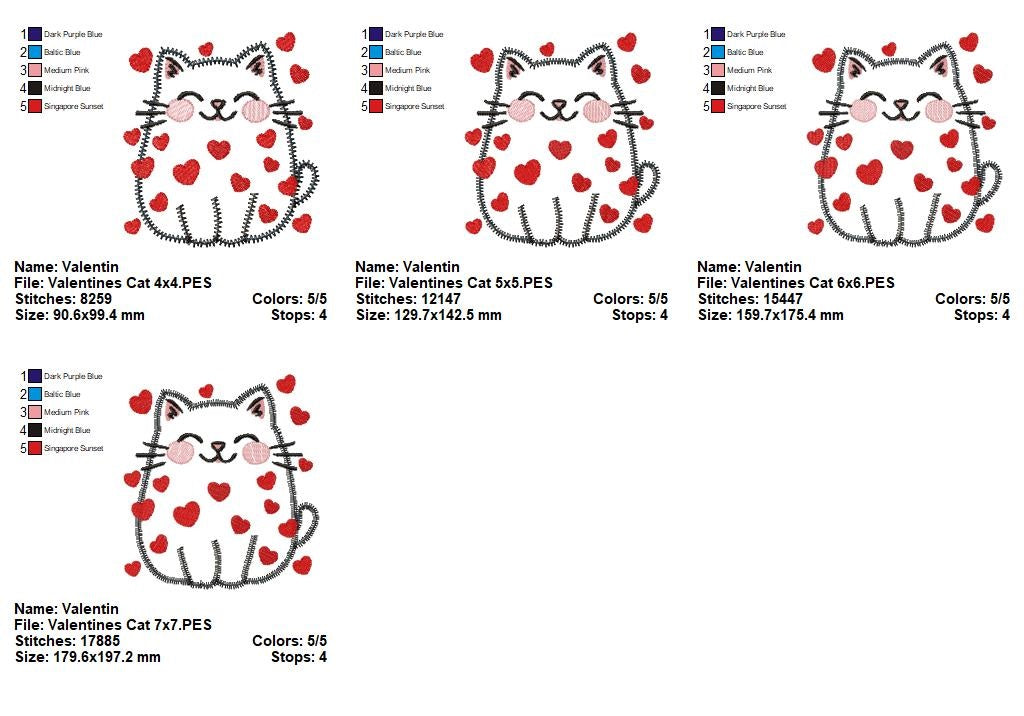 Valentine Happy Cat - Zig Zag Applique - Machine Embroidery Design