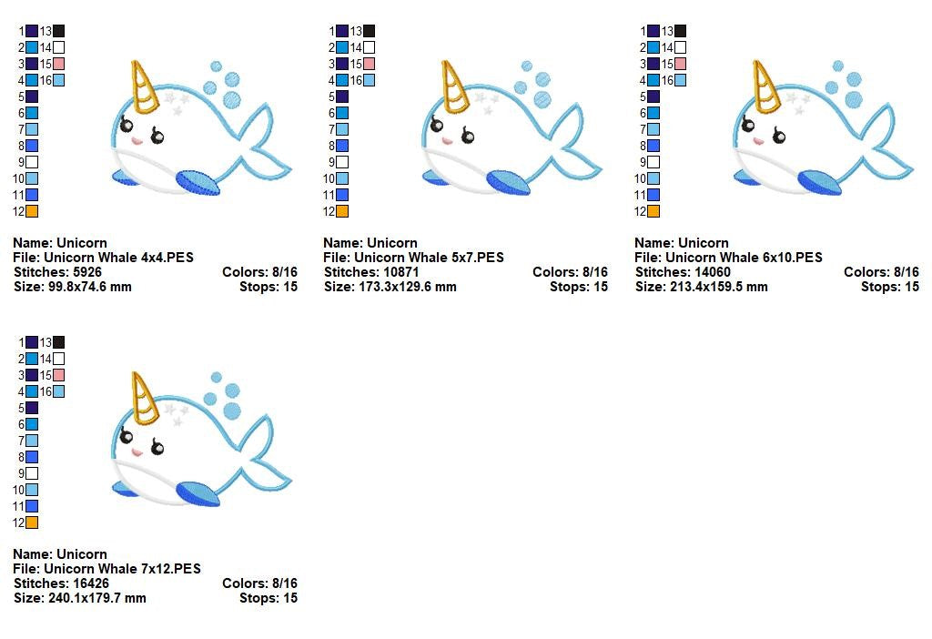 Cute Unicorn Whale - Appliqué - Machine Embroidery Design