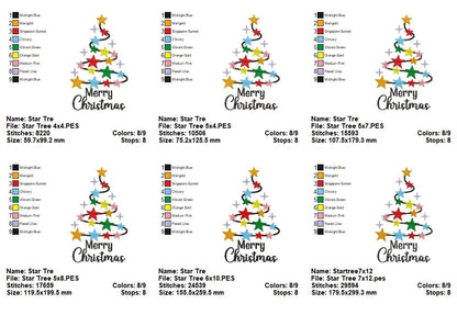 Merry Christmas Star Tree - Fill Stitch - Machine Embroidery Design