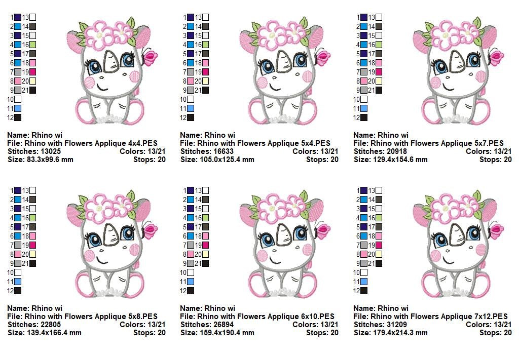 Sweet Floral Baby Rhino - Applique - Machine Embroidery Design