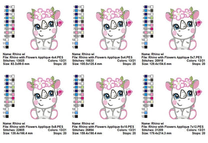 Sweet Floral Baby Rhino - Applique - Machine Embroidery Design