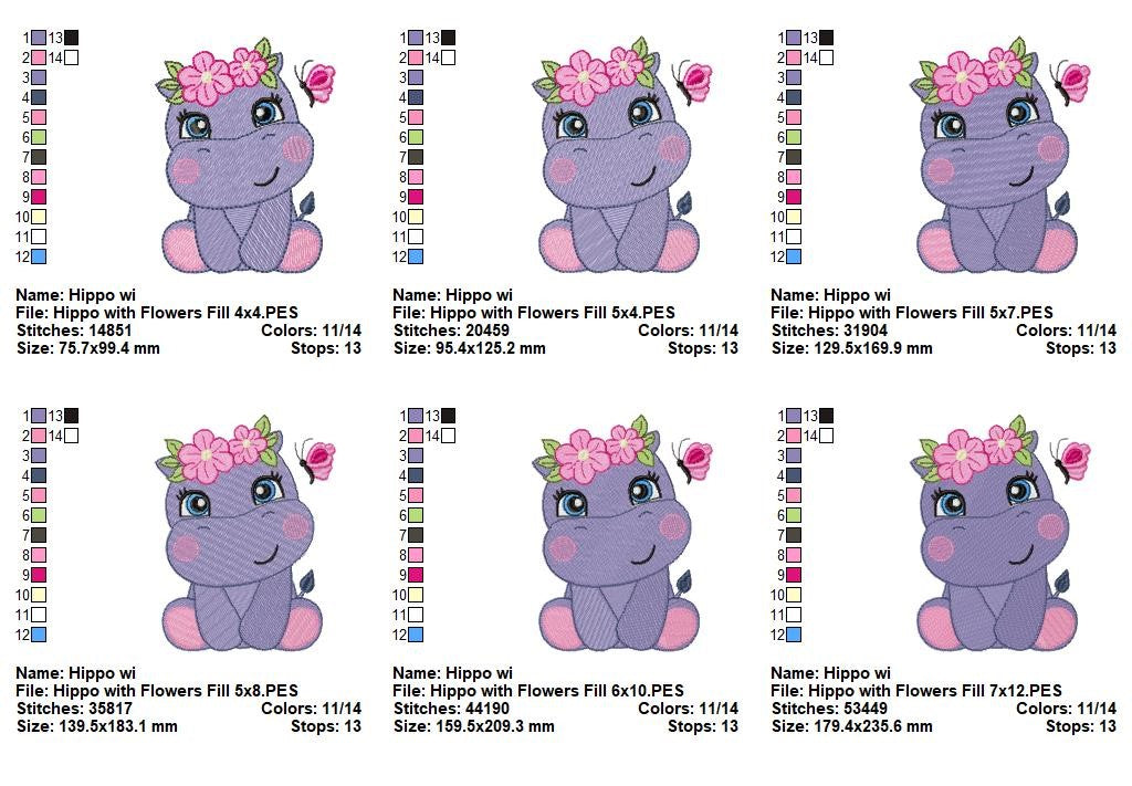 Sweet Floral Hippo - Fill Stitch – Machine Embroidery Design
