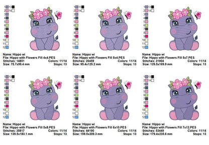 Sweet Floral Hippo - Fill Stitch – Machine Embroidery Design