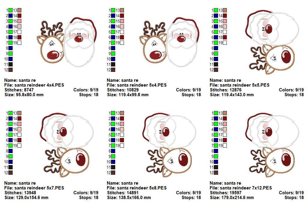 Cute Santa and Reindeer Faces – Appliqué - Machine Embroidery Design