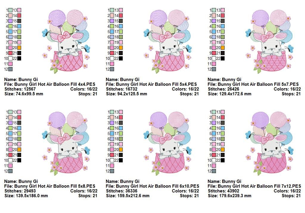 Sweet Bunny Balloon Adventure - Fill Stitch - Machine Embroidery Design