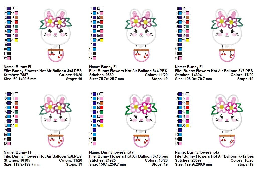 Bunny Flowers Hot Air Balloon – Appliqué – Machine Embroidery Design