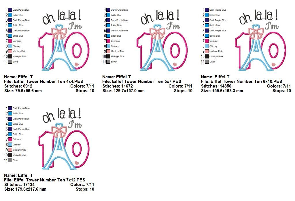 Oh La La I'm Ten Eiffel Tower – Appliqué – Machine Embroidery Design