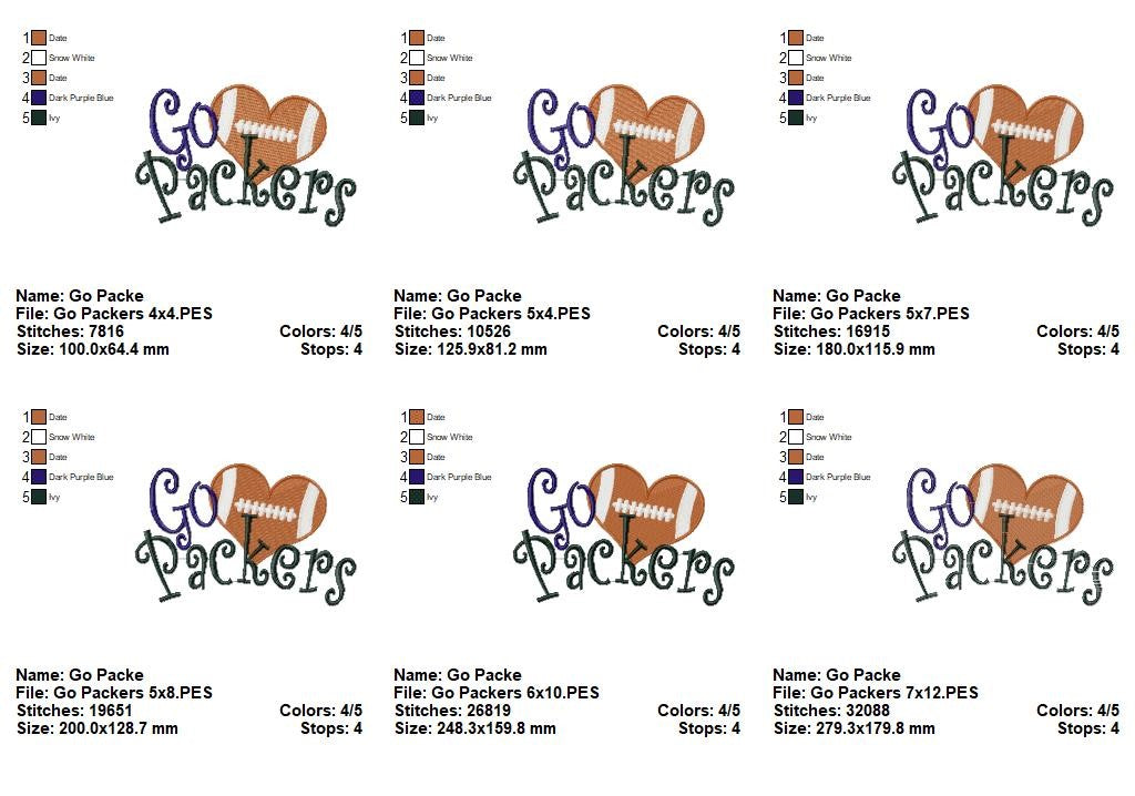 Go Packers Football Heart – Fill Stitch – Machine Embroidery Design