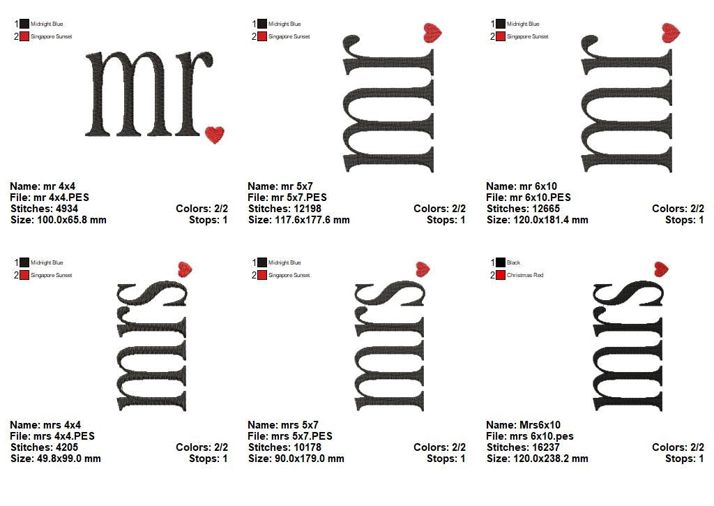 Mr & Mrs Wedding Set – Fill Stitch – Machine Embroidery Design