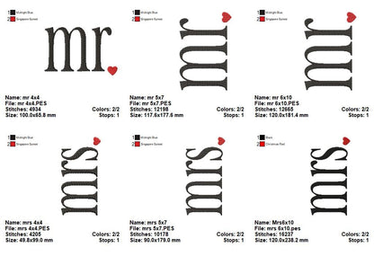 Mr & Mrs Wedding Set – Fill Stitch – Machine Embroidery Design