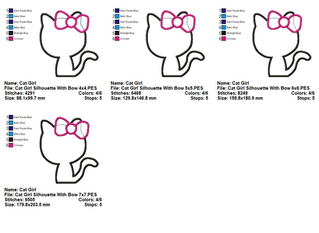 Cute Kitty Silhouette With Bow - Appliqué - Machine Embroidery Design