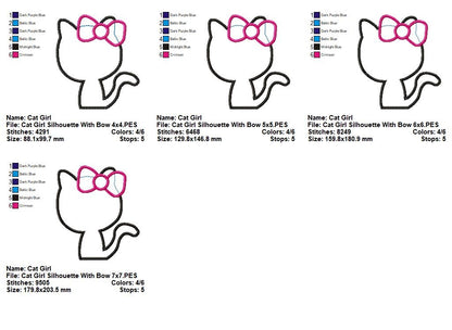 Cute Kitty Silhouette With Bow - Appliqué - Machine Embroidery Design