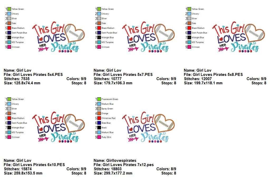 This Girl Loves Her Pirates Football Heart - Appliqué - Machine Embroidery Design