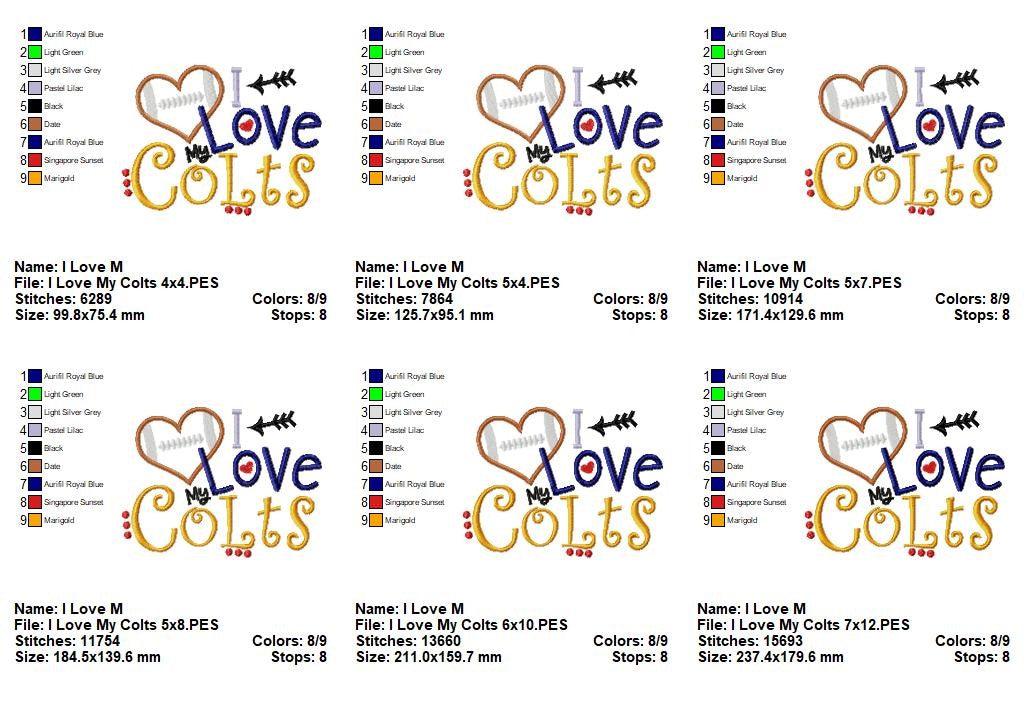 I Love My Colts Football - Appliqué - Machine Embroidery Design