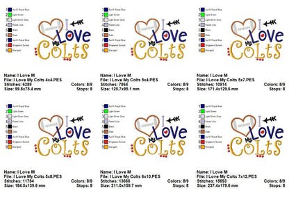 I Love My Colts Football - Appliqué - Machine Embroidery Design