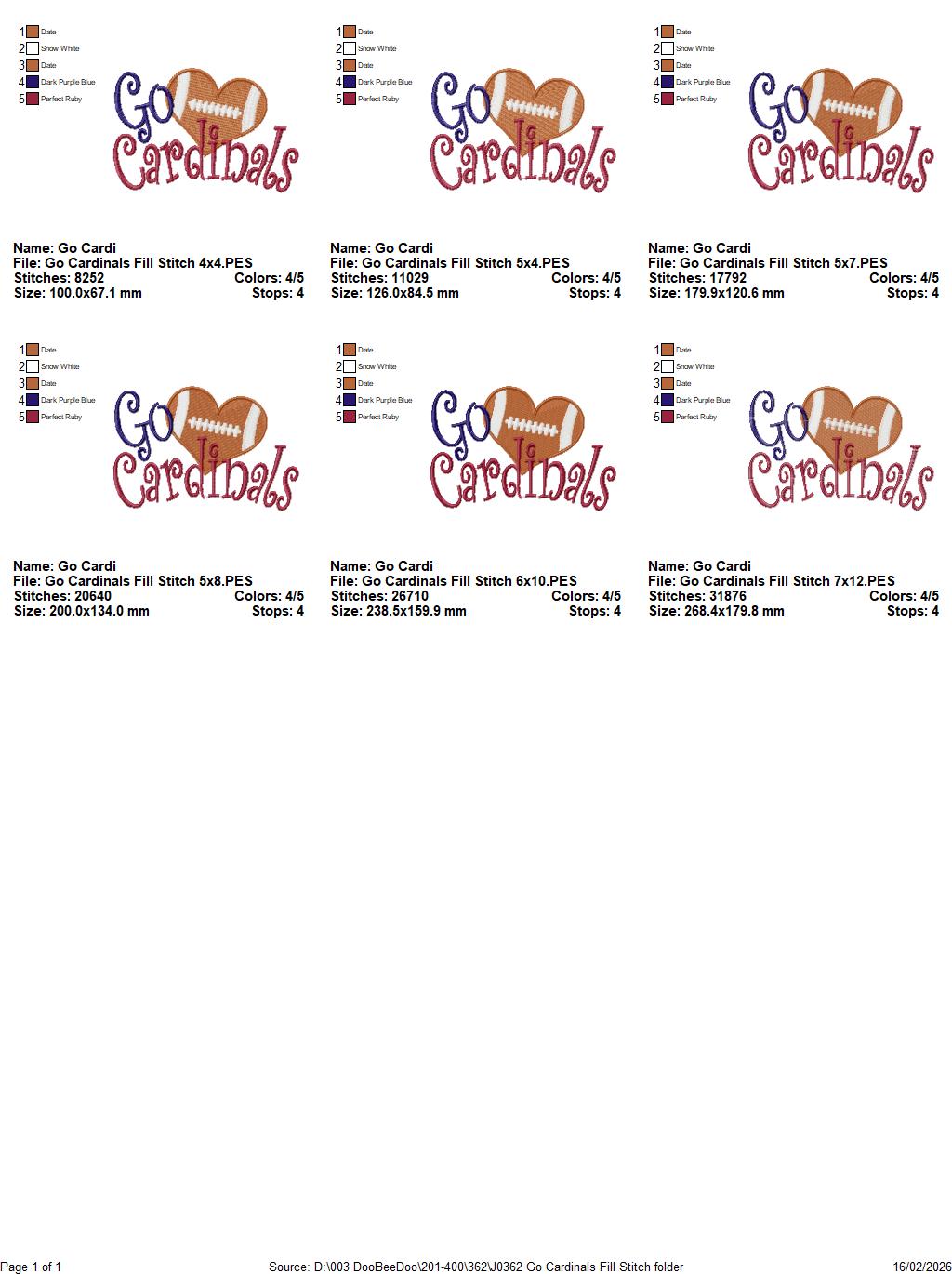 Go Cardinals Football Heart – Fill Stitch – Machine Embroidery Design