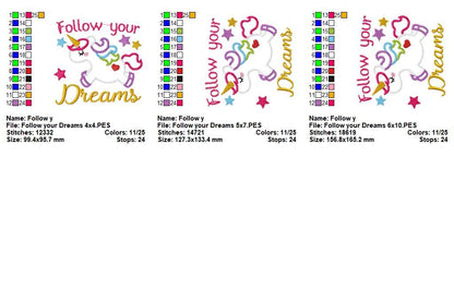 Cute Unicorn Follow Your Dreams - Appliqué - Machine Embroidery Design