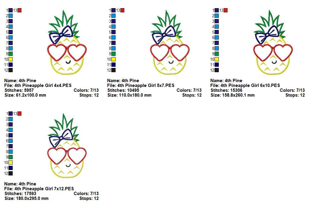 Patriotic Pineapple Girl with Sunglasses – Appliqué – Machine Embroidery Design