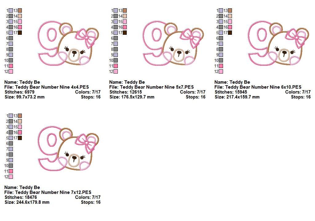 Sweet Teddy Girl Birthday Numbers – Appliqué – Machine Embroidery Design
