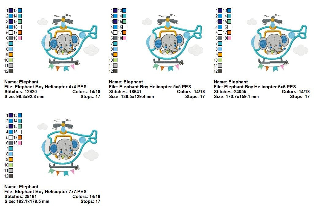 Baby Elephant Helicopter – Appliqué – Machine Embroidery Design
