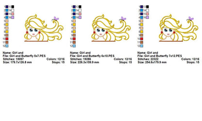 Princess Girl with Flowing Hair and Butterfly - Appliqué - Machine Embroidery Design