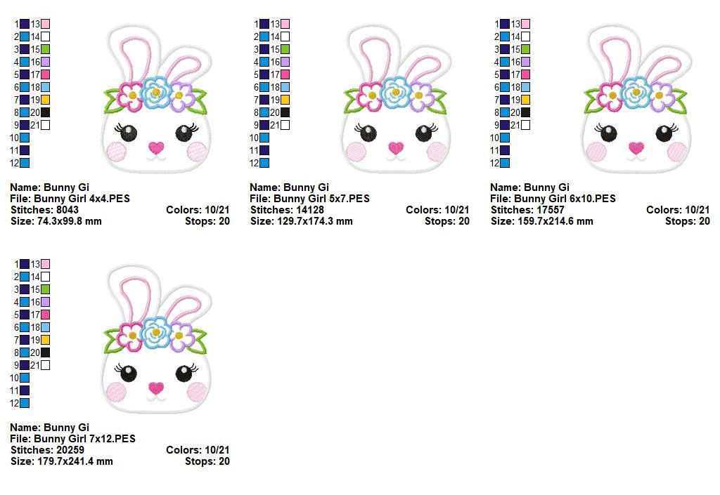 Floral Bunny Girl Face - Applique Stitch - Machine Embroidery Design