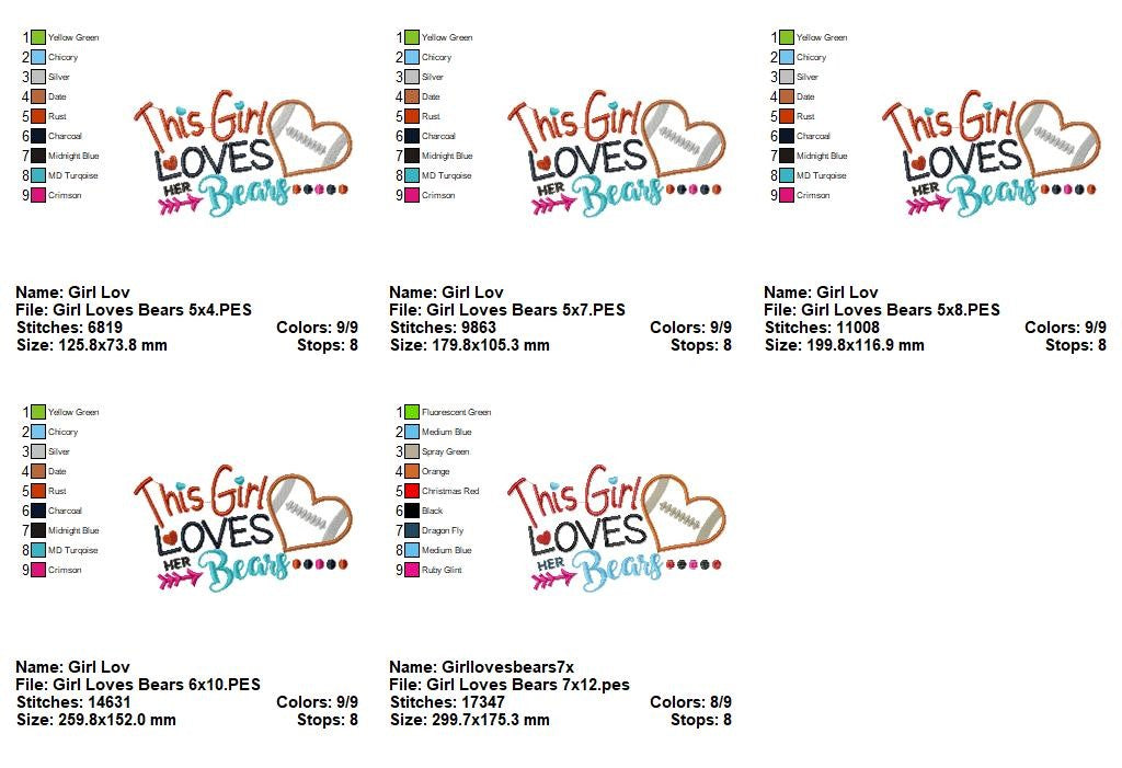 This Girl Loves Bears Football - Appliqué - Machine Embroidery Design