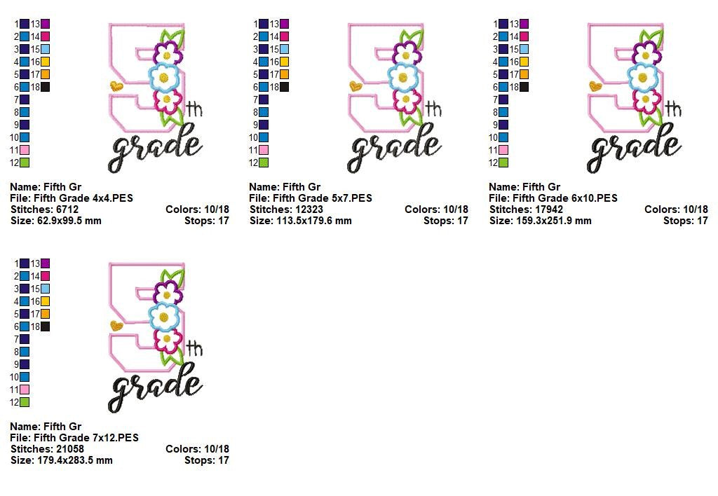 Fifth Grade Flowers - Appliqué - Machine Embroidery Design