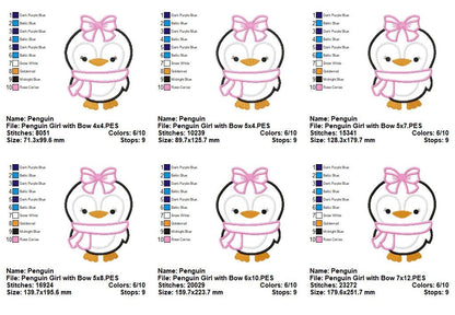 Penguin Girl with Bow – Applique – Machine Embroidery Design