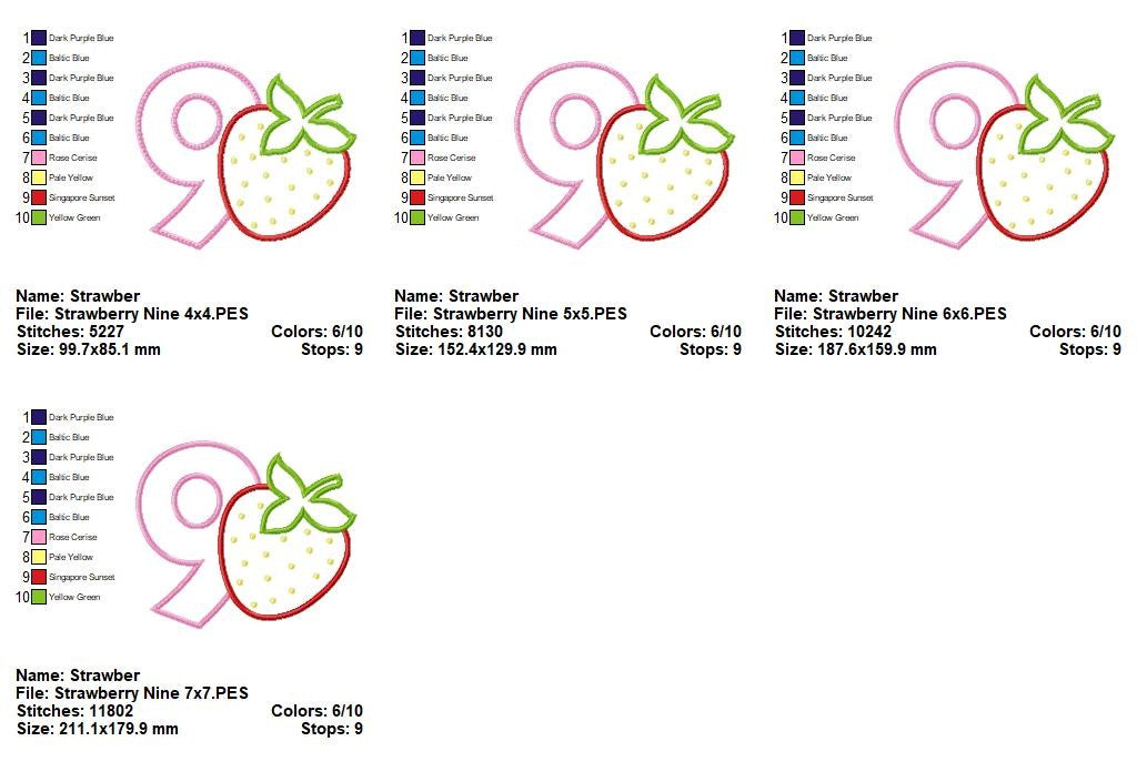 Sweet Strawberry Number 9 - Appliqué - Machine Embroidery Design