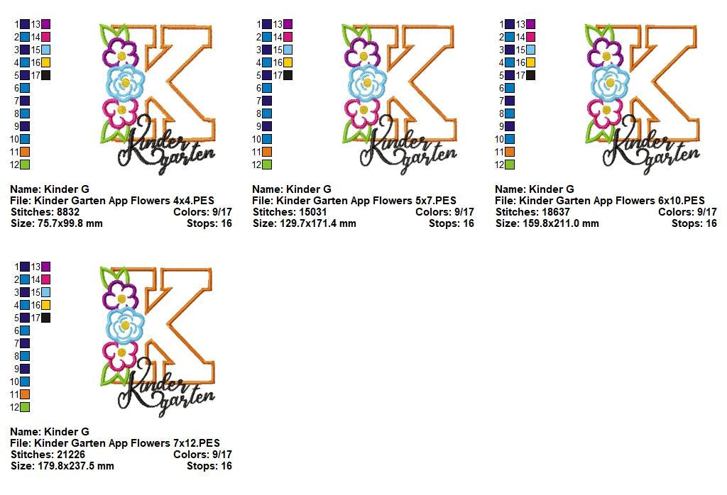 Kindergarten Floral Monogram K - Appliqué - Machine Embroidery Design