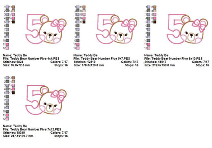 Sweet Teddy Girl Birthday Numbers – Appliqué – Machine Embroidery Design