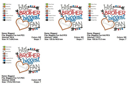 Big Brother Biggest Fan Football Heart - Appliqué - Machine Embroidery Design