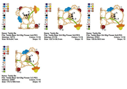Teddy Bear Girl Big Flower – Appliqué – Machine Embroidery Design