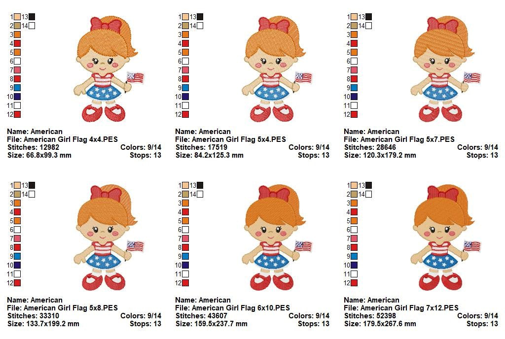 Sweet Patriotic Girl with Flag - Fill Stitch – Machine Embroidery Design