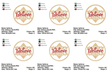 Elegant Believe Frame Ornament – Appliqué – Machine Embroidery Design