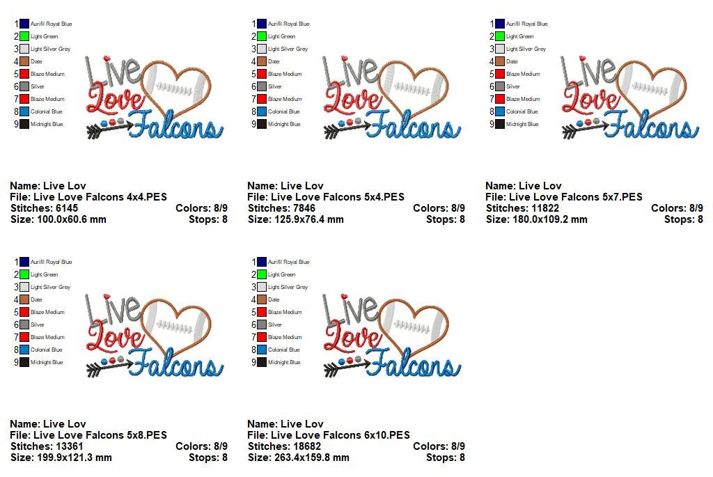 Live Love Falcons Football Heart – Appliqué – Machine Embroidery Design