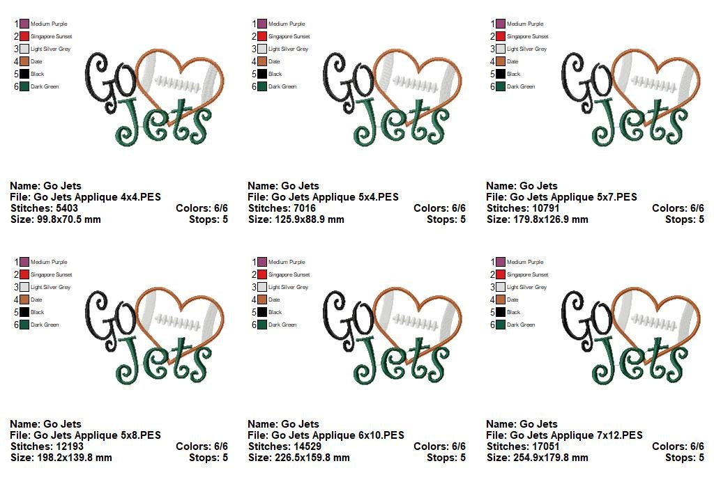 Go Jets Football Heart – Appliqué – Satin Stitch – Machine Embroidery Design