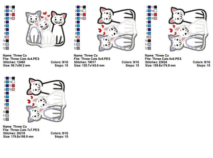 Sweet Trio Kitty Cuddle – Appliqué – Machine Embroidery Design