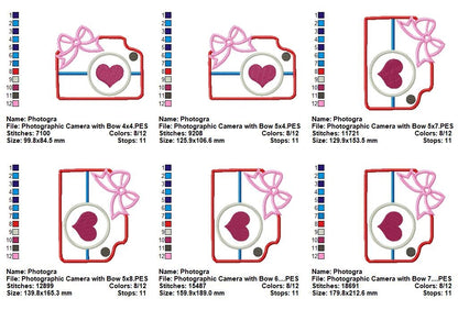 Camera with Bow and Heart – Appliqué – Machine Embroidery Design