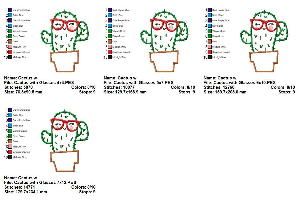 Cute Cactus with Glasses - Appliqué - Machine Embroidery Design