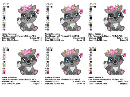 Sweet Floral Raccoon - Fill Stitch - Machine Embroidery Design