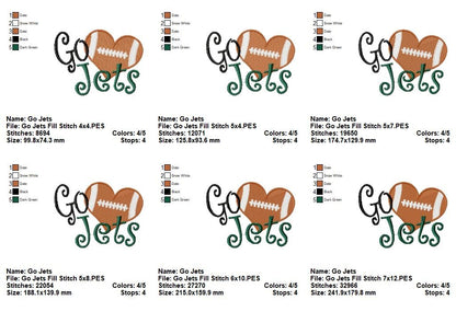 Go Jets Football Heart – Fill Stitch – Machine Embroidery Design