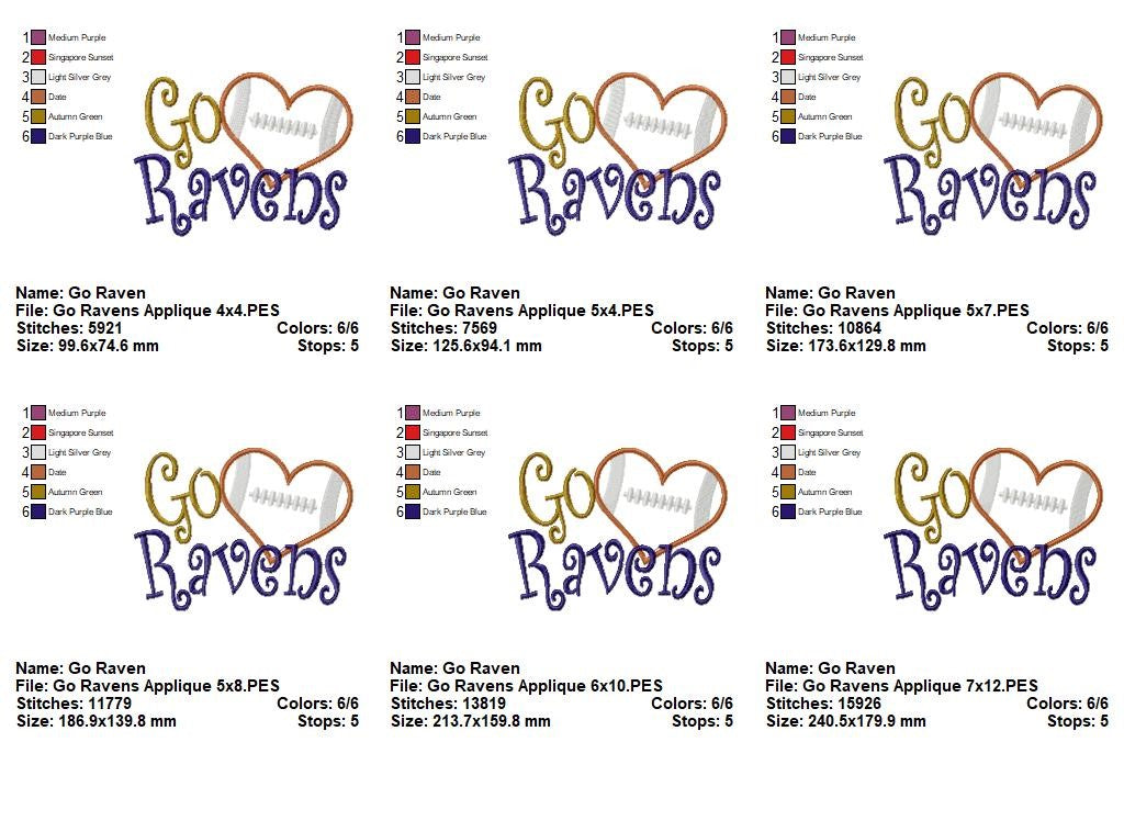 Go Ravens Football Heart – Appliqué – Machine Embroidery Design